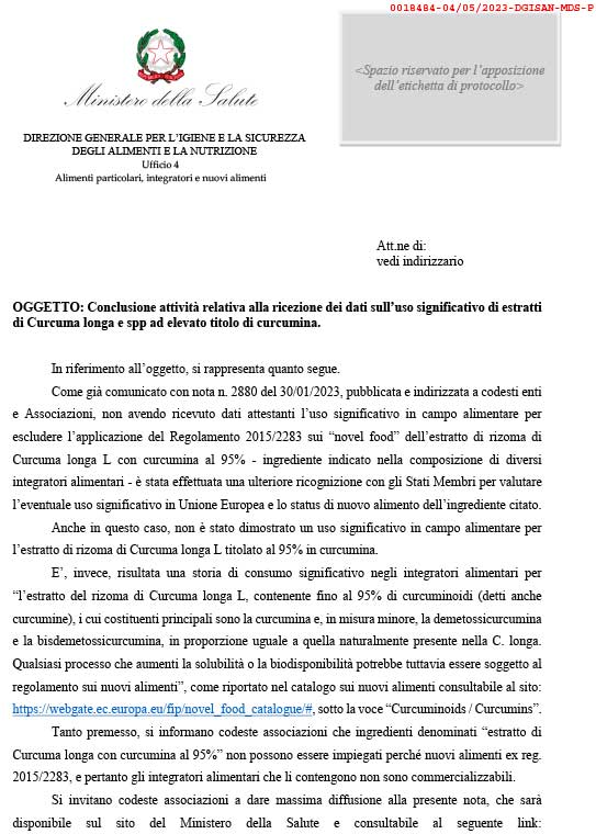 limitazione dell'uso di estratto di curcuma