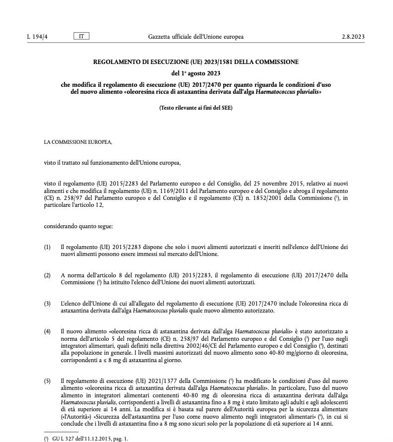 Circolare condizioni d'uso astaxantina